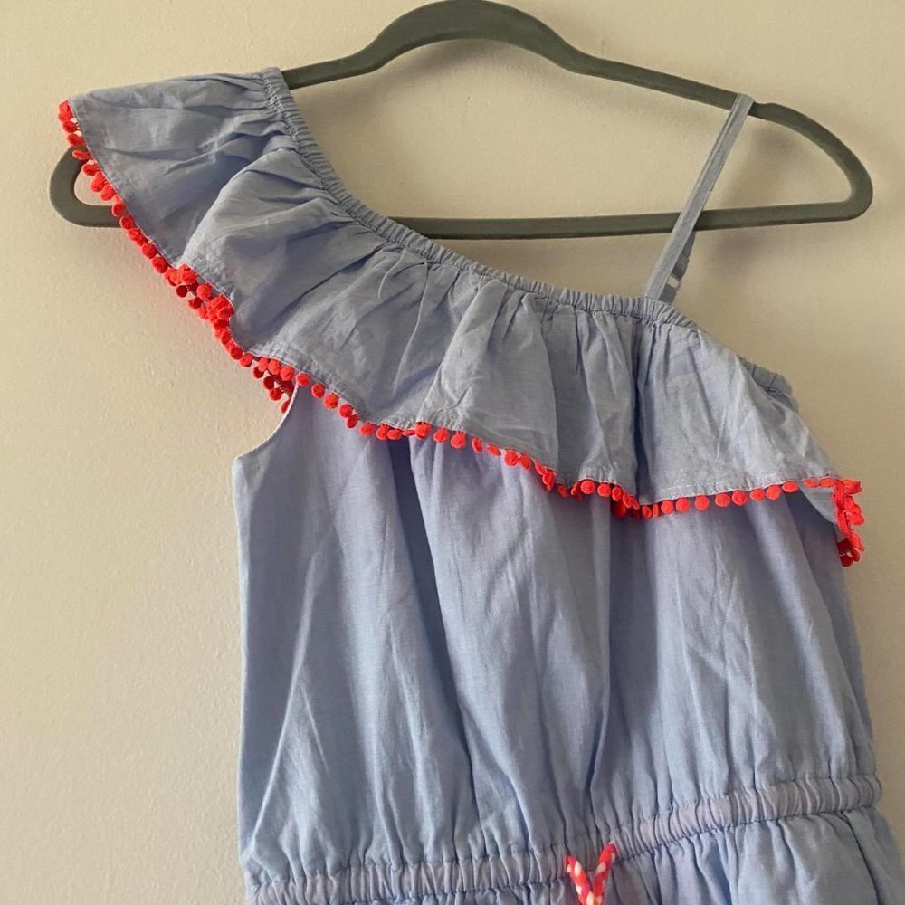 MINI BODEN girls blue and white pom pom romper. Cotton. EUC! - Picture 6 of 8